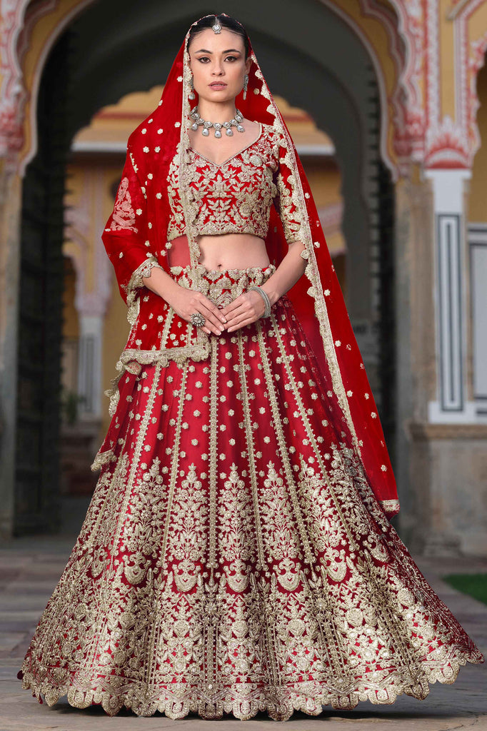 Ravishing Red Embroidered Net Wedding Wear Lehenga Choli With Dupatta