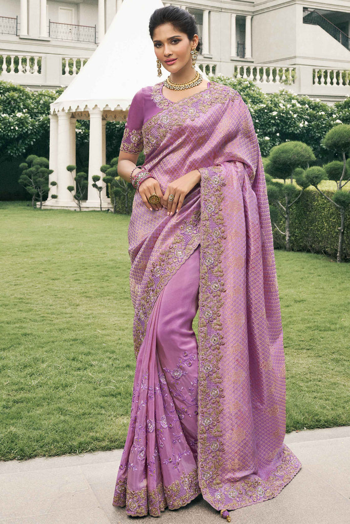 Marvelous Lavender Embroidered Tissue Silk Function Wear Saree