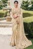 Astonishing Beige Heavy Embroidery Work Tissue Silk Wedding Wear Saree