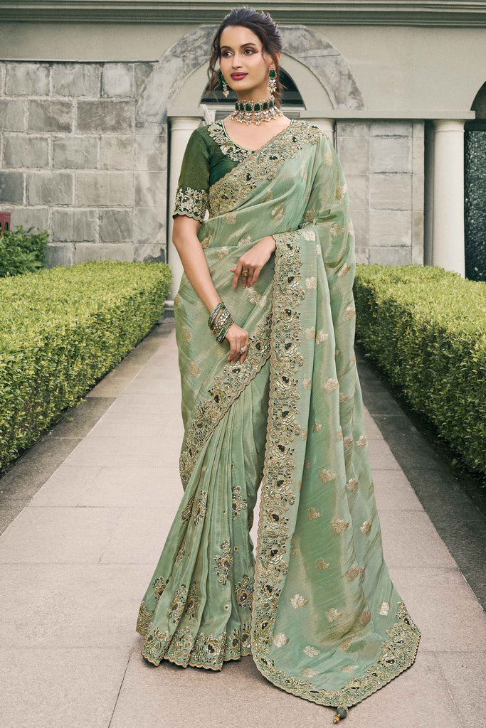 Flamboyant Pista Green Border Work Tissue Silk Event Wear Saree