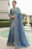 Incredible Teal Blue Embroidered Tissue Silk Function Wear Saree