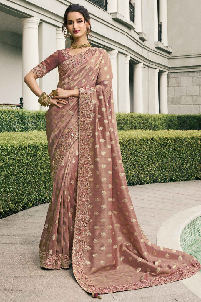 Magnific Rose Gold Heavy Border Work Tissue Silk Reception Wear Saree