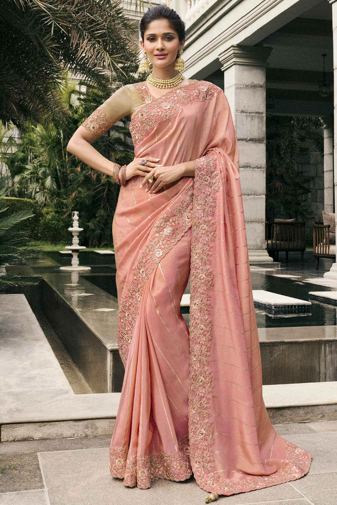 Winsome Peach Embroidery Work Tissue Silk Engagement Wear Saree