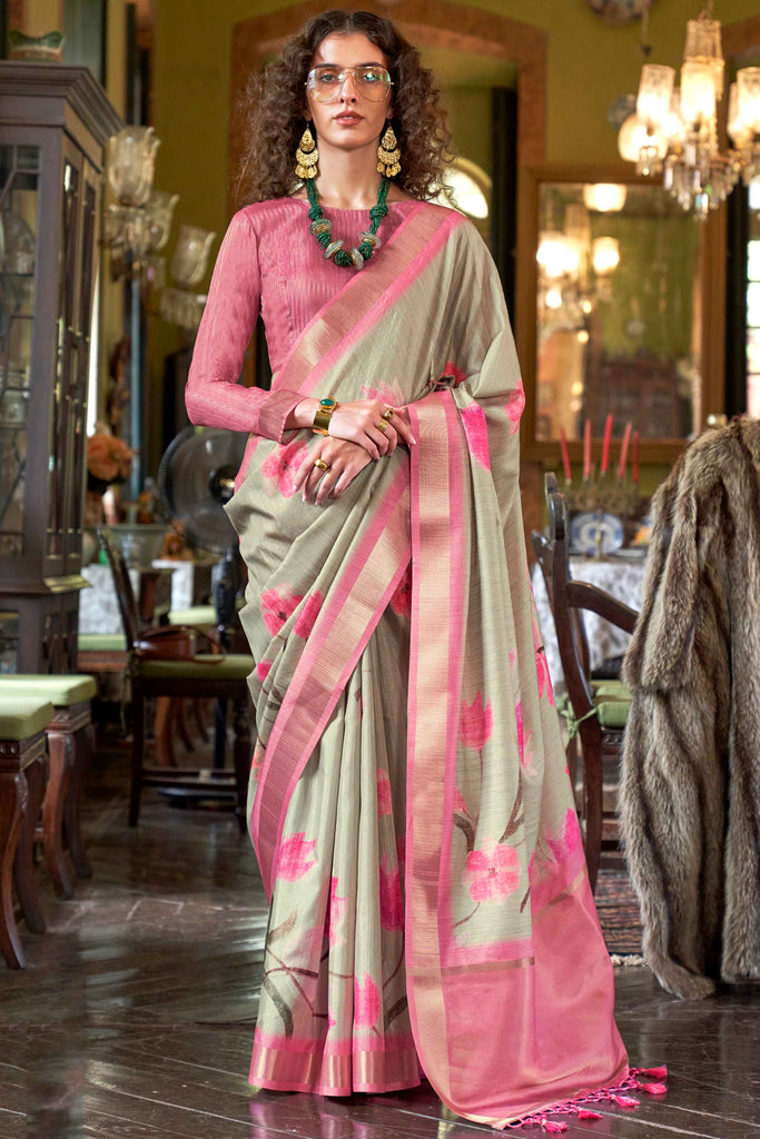 Alluring Cream Printed Banarasi Silk Event Wear Saree With Blouse