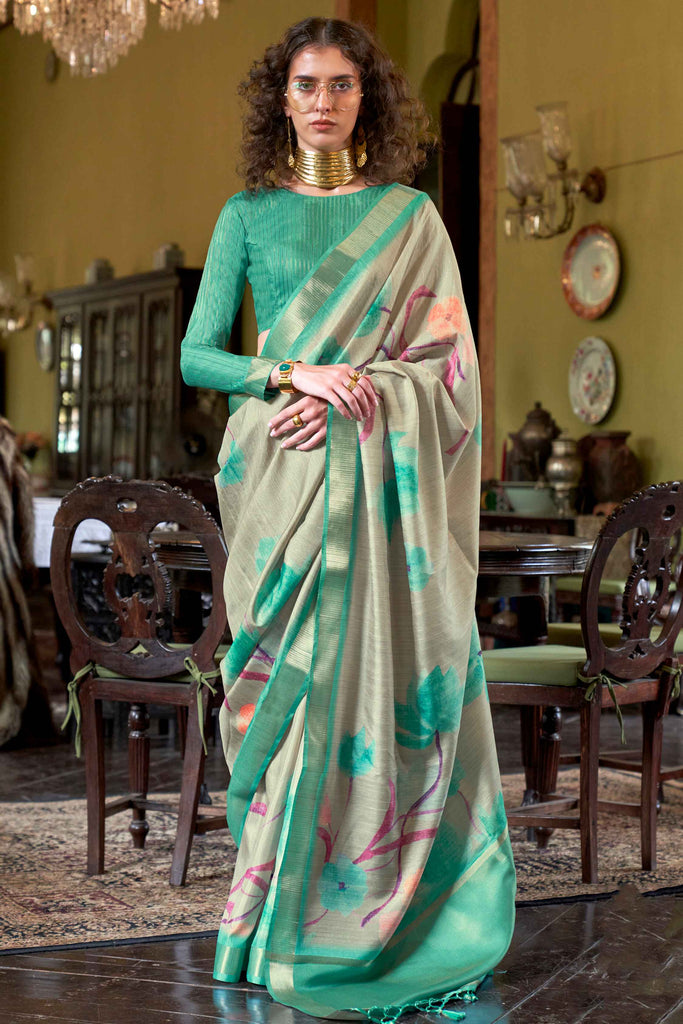 Special Olive Green Printed Banarasi Silk Traditional Saree