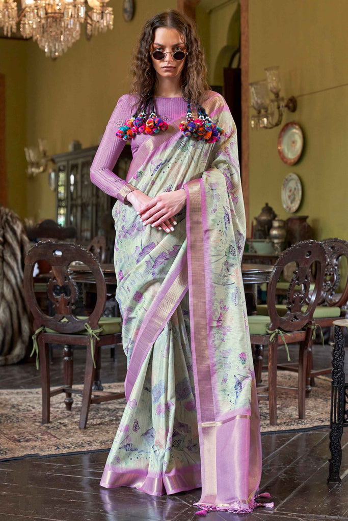 Gorgeous Lavender Printed Banarasi Silk Function Wear Saree