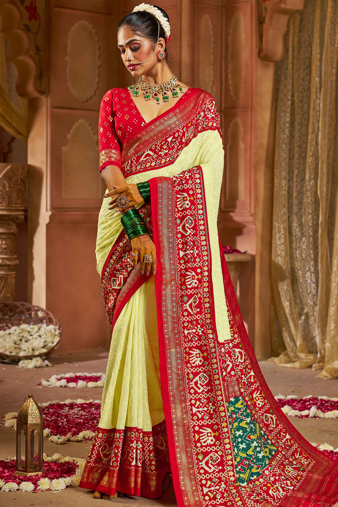 Stunning Yellow Chikankari Work Tussar Silk Haldi Wear Saree