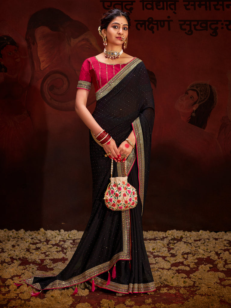 Beautiful Black Heavy Lace Work Silk Reception Wear Saree With Blouse