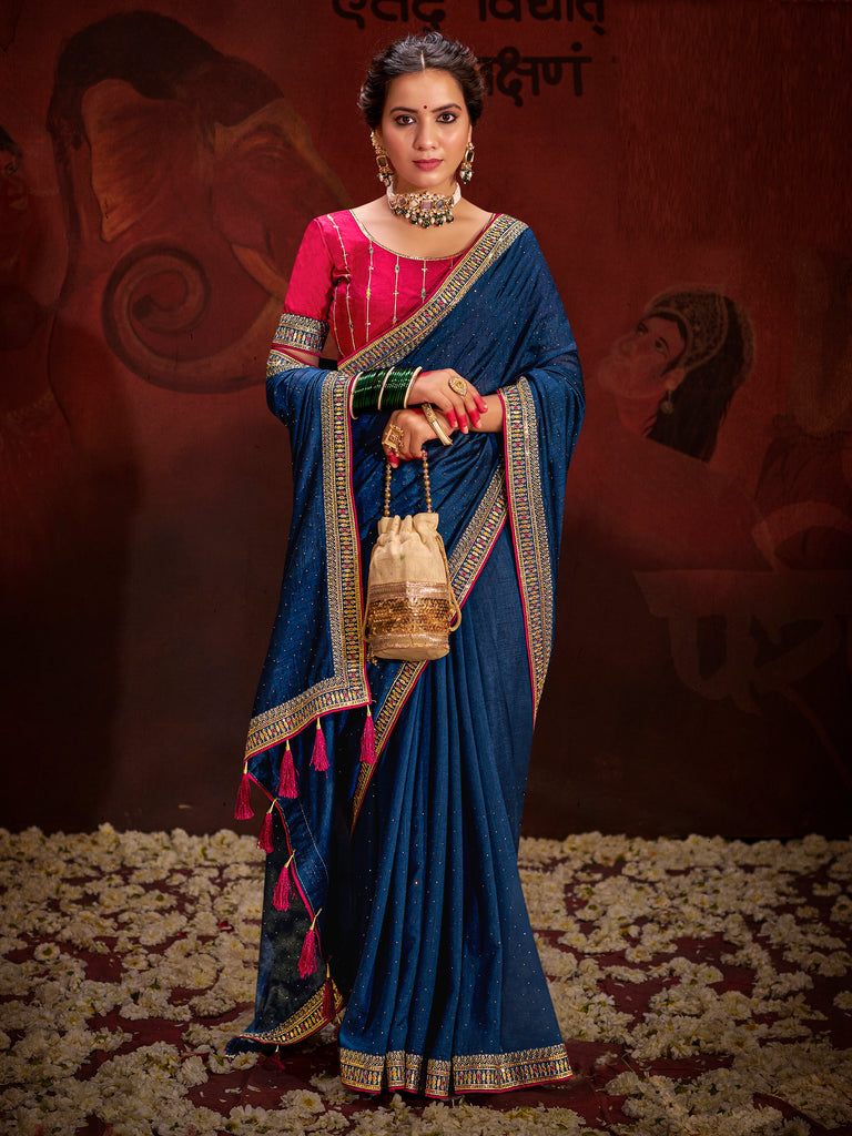 Stunning Navy Blue Lace Work Silk Wedding Wear Saree With Blouse