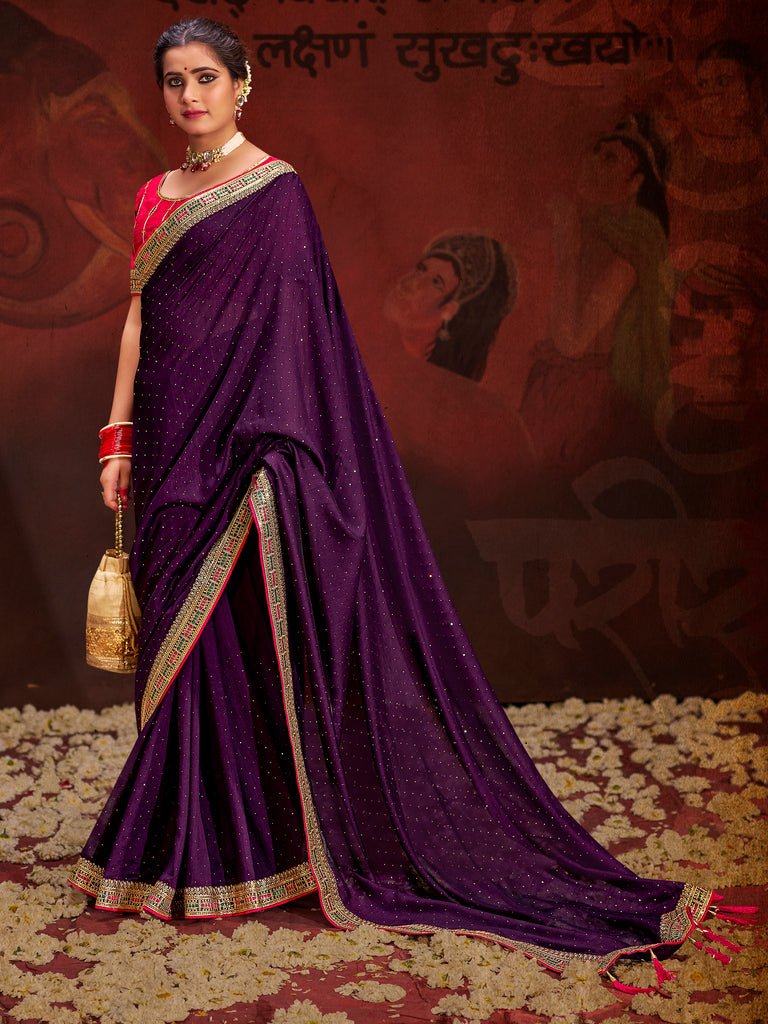 Fabulous Purple Heavy Lace Work Silk Wedding Saree With Blouse