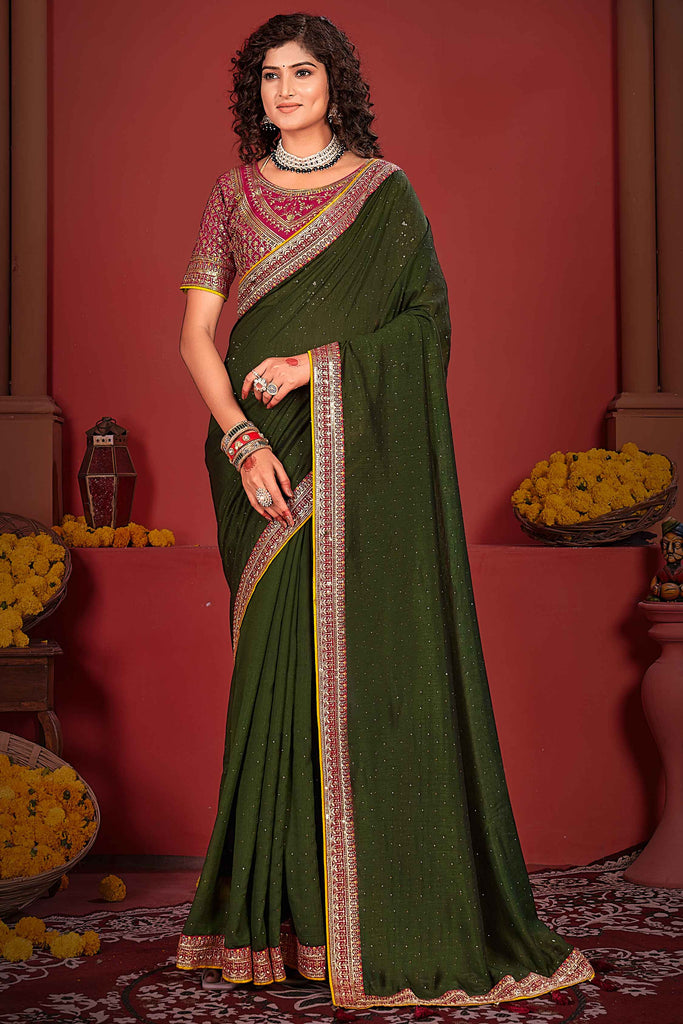 Bewitching Olive Green Sequins Vichitra Silk Festival Wear Saree