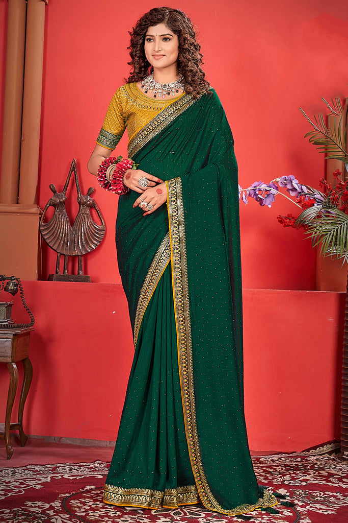 Attractive Green Sequins Vichitra Silk Mehendi Wear Saree With Blouse