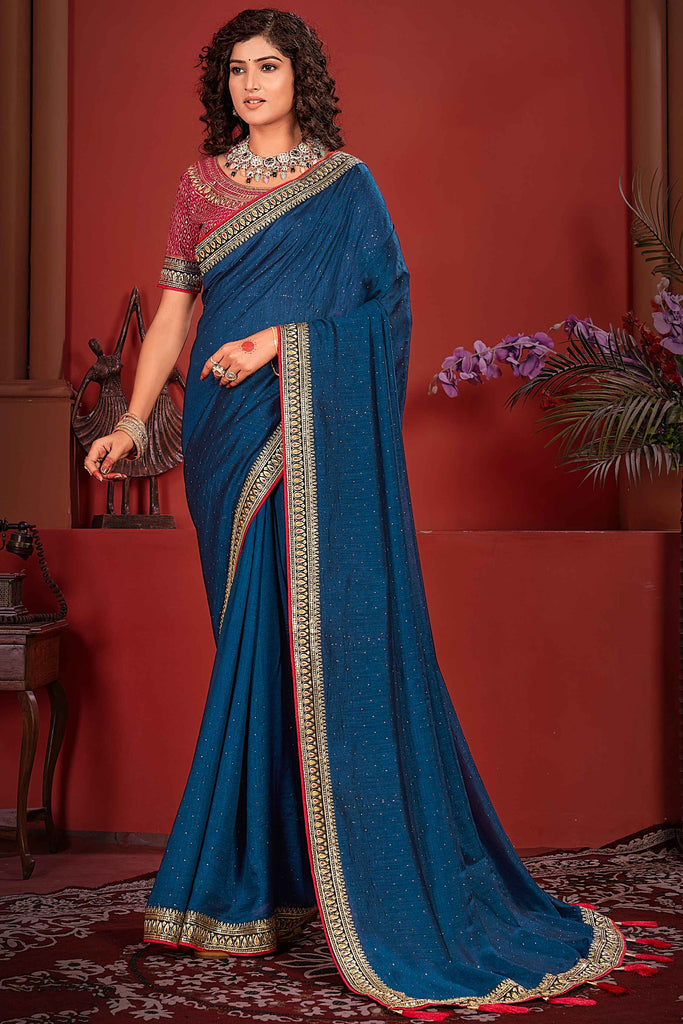 Alluring Blue Heavy Embroidery Work Vichitra Silk Function Wear Saree