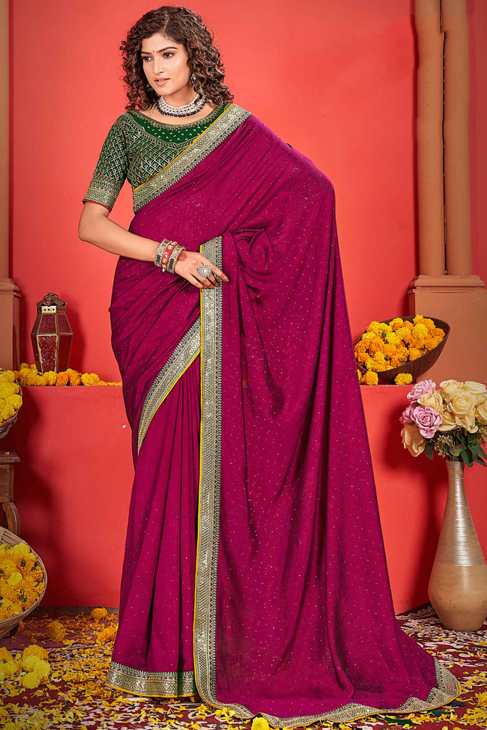 Pretty Magenta Color Embroidered Vichitra Silk Reception Wear Saree