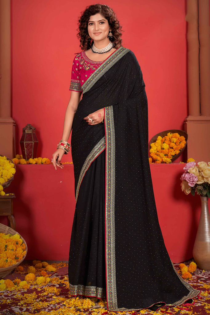 Delightful Black Embroidered Vichitra Silk Function Wear Saree