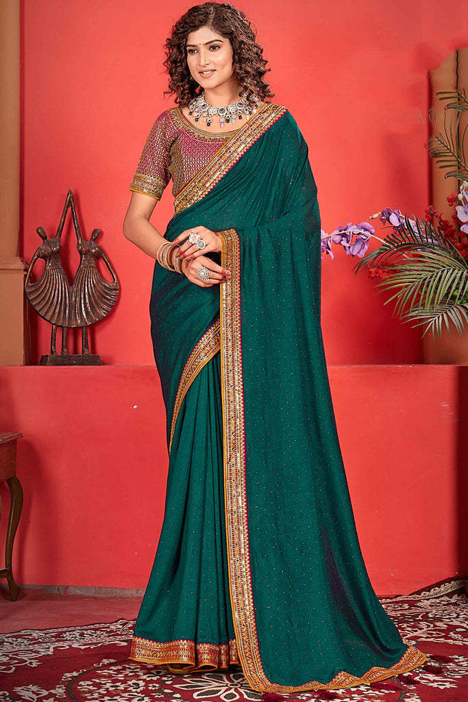 Stunning Teal Green Heavy Border Work Vichitra Silk Event Wear Saree