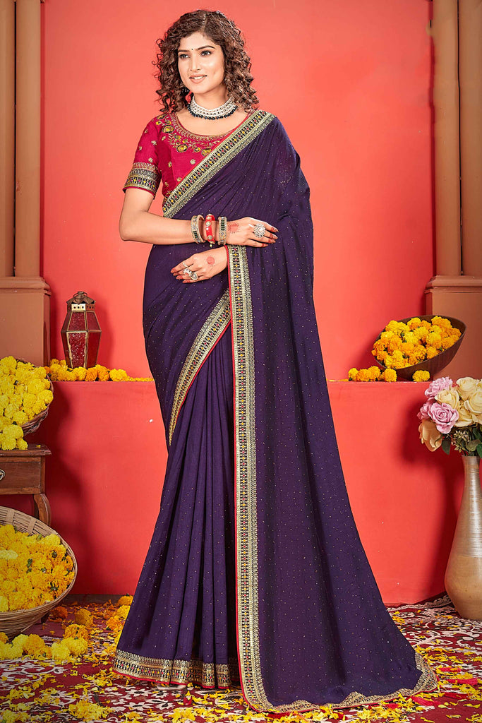 Surprising Dark Purple Heavy Border Work Silk Wedding Wear Saree