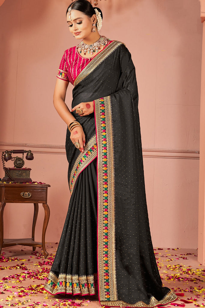 Astonishing Black Swarovski Work Silk Party Wear Saree With Blouse