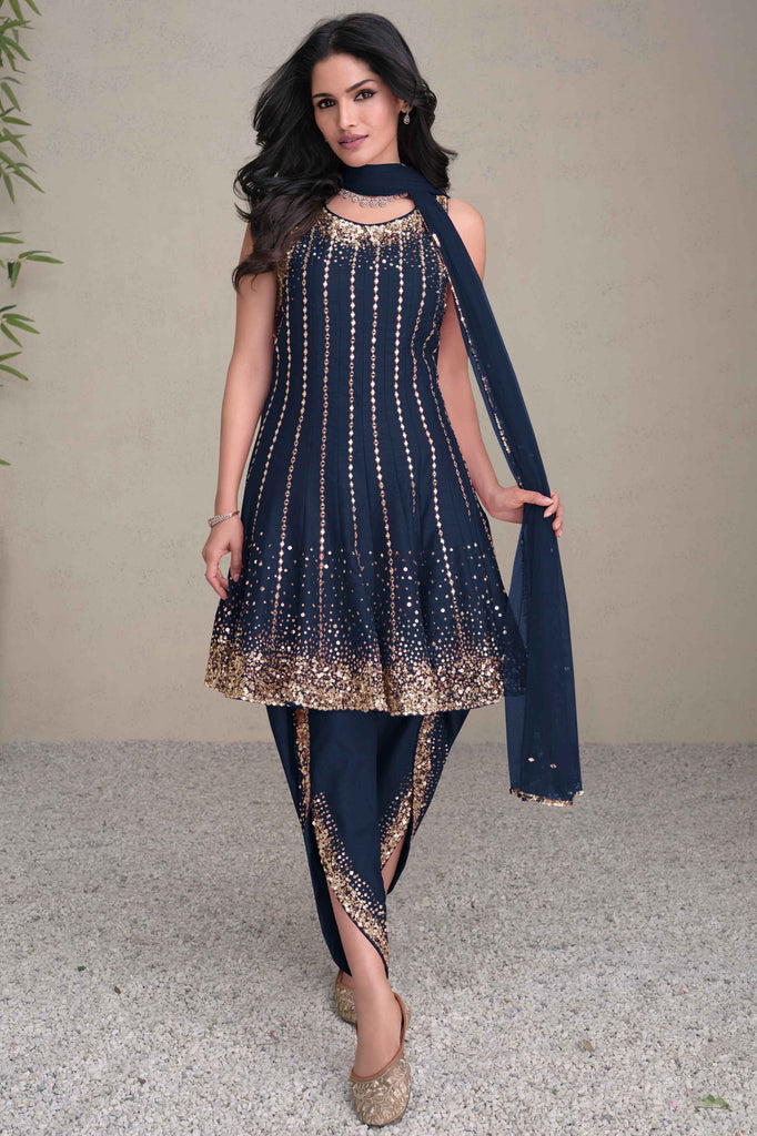 Awesome Navy-Blue Embroidered Silk Dhoti Suit With Dupatta