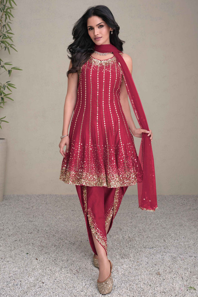 Wonderful Pink Sequins Silk Party Wear Dhoti Suit With Dupatta