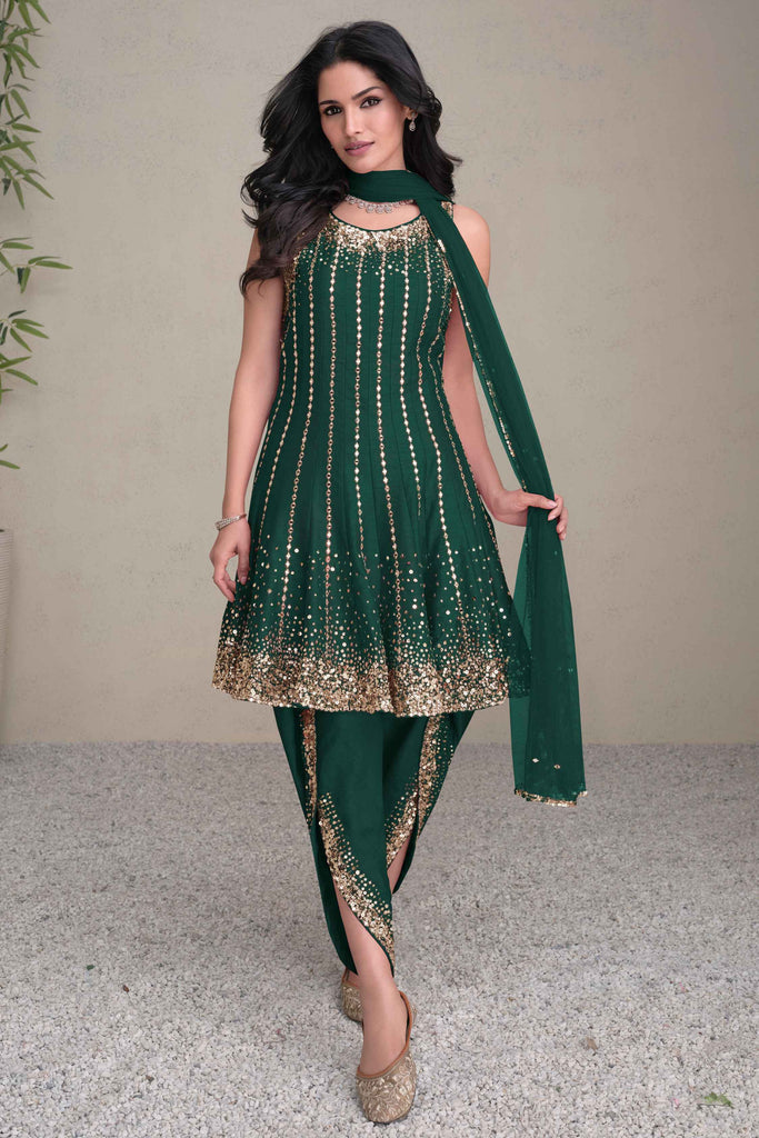 Fabulous Green Sequins Silk Event Wear Dhoti Suit With Dupatta