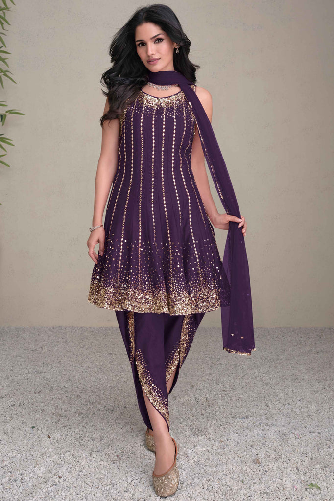 Amazing Purple Sequins Silk Wedding Wear Dhoti Suit With Dupatta