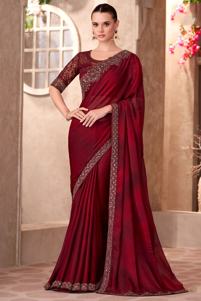 Pretty Maroon Border Work Chiffon Wedding Saree With Blouse