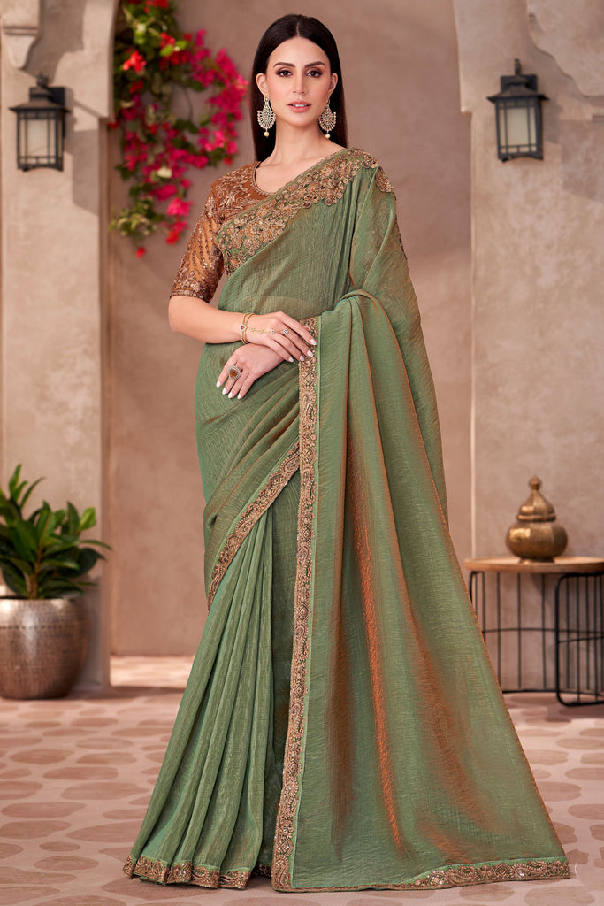 Adorable Olive Green Border Work Georgette Saree With Blouse