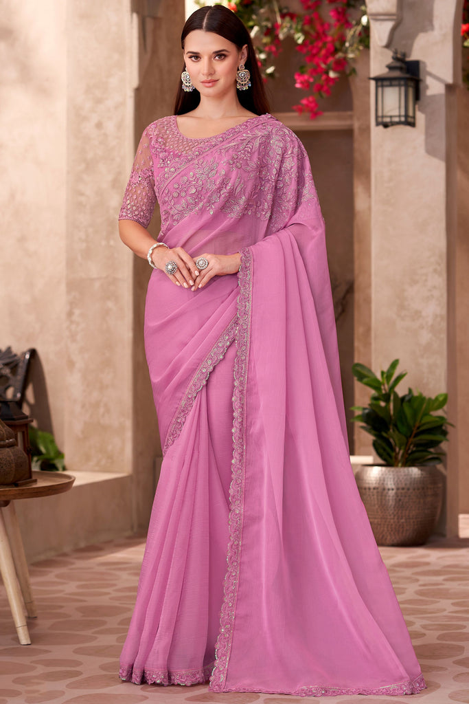 Charming Pink Border Work Chiffon Engagement Wear Saree