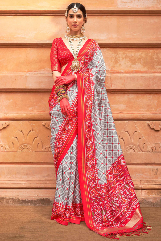 Attractive Grey Patola Print Silk Event Wear Saree With Blouse