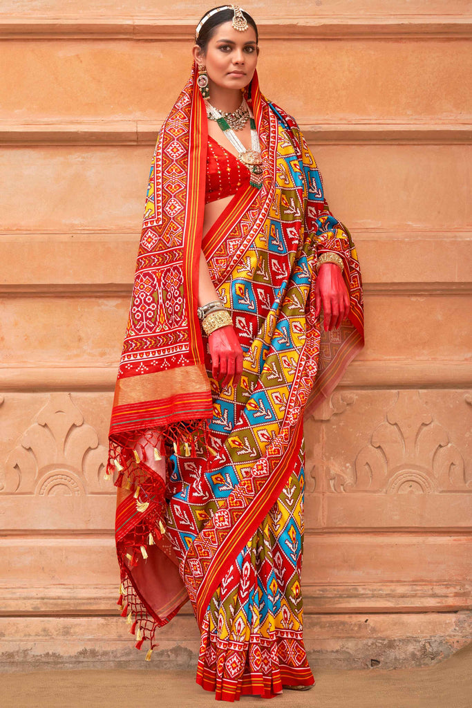 Beautiful Multi-Color Patola Print Silk Function Wear Saree With Blouse