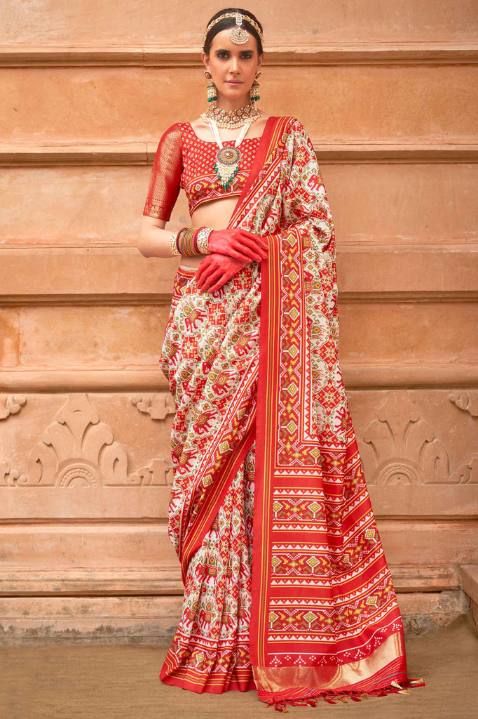 Attractive Beige Patola Print Silk Festival Wear Saree With Blouse