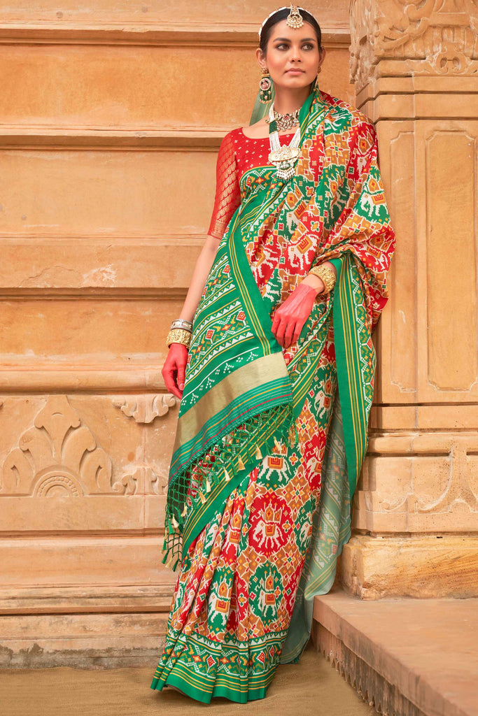 Pretty Green Patola Print Silk Event Wear Saree With Blouse