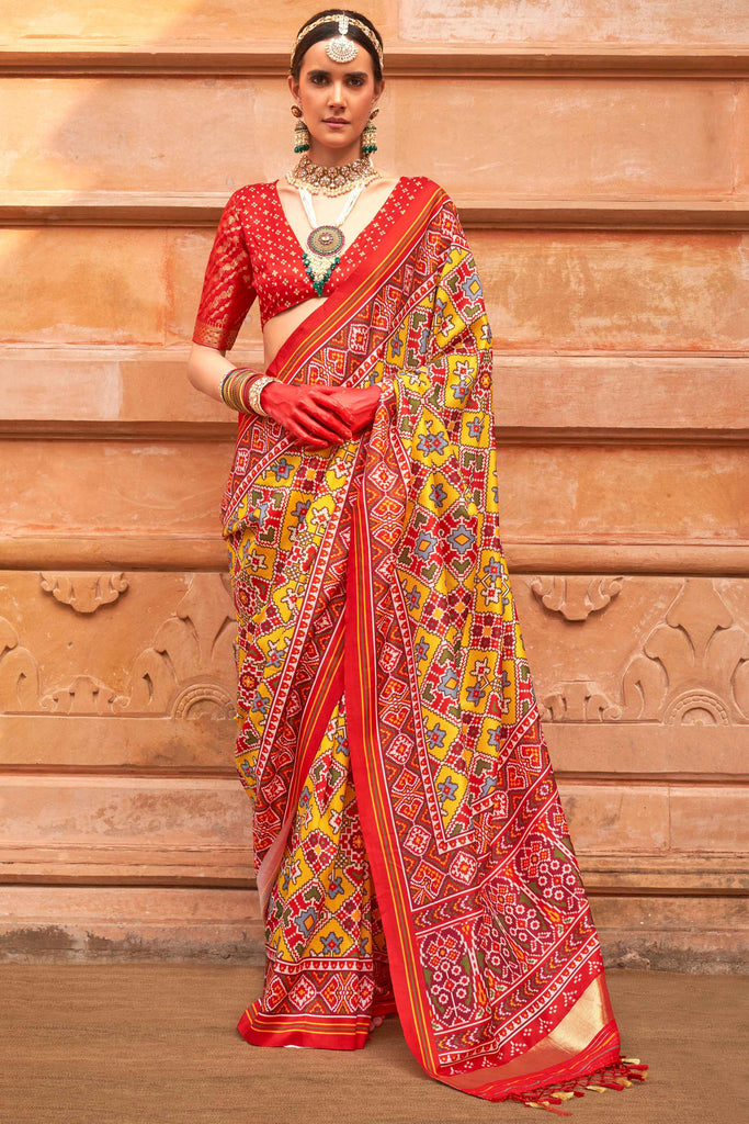 Winsome Mustard Yellow Patola Print Silk Event Wear Saree With Blouse