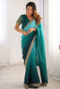 Winsome Teal Blue Border Work Chinon Party Wear Saree With Blouse