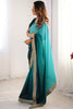 Winsome Teal Blue Border Work Chinon Party Wear Saree With Blouse