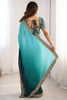 Winsome Teal Blue Border Work Chinon Party Wear Saree With Blouse