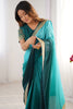 Winsome Teal Blue Border Work Chinon Party Wear Saree With Blouse