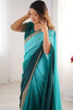 Winsome Teal Blue Border Work Chinon Party Wear Saree With Blouse