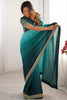 Winsome Teal Blue Border Work Chinon Party Wear Saree With Blouse