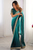 Winsome Teal Blue Border Work Chinon Party Wear Saree With Blouse