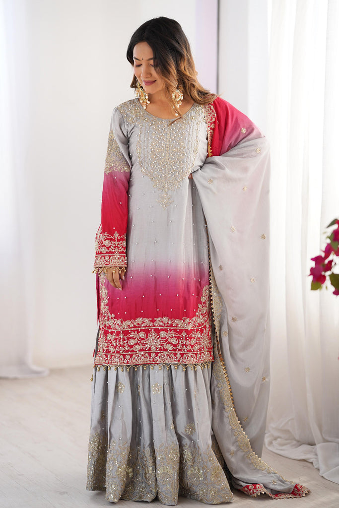 Pretty Grey Pearl Work Chinon Designer Sharara Suit With Dupatta