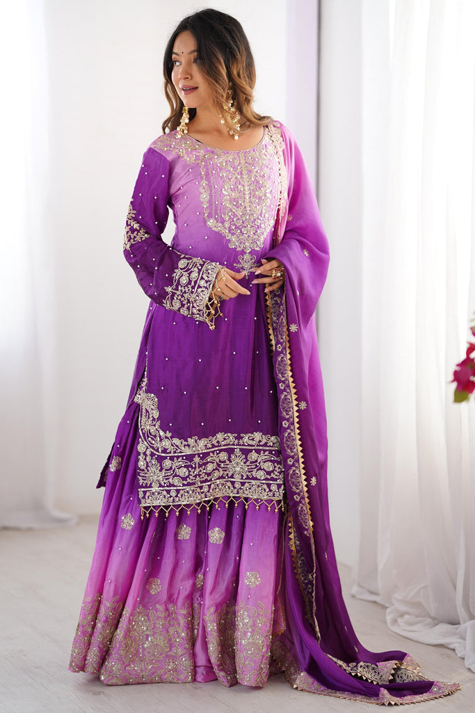 Glamorous Purple Thread Work Chinon Festival Wear Sharara Suit