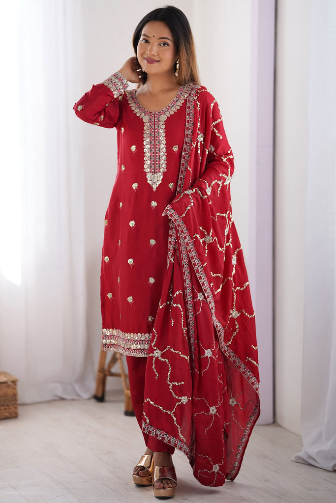 Ravishing Red Thread Work Chinon Festive Wear Pant Suit With Dupatta