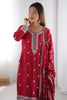 Ravishing Red Thread Work Chinon Festive Wear Pant Suit With Dupatta