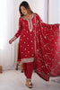 Ravishing Red Thread Work Chinon Festive Wear Pant Suit With Dupatta