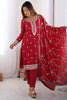 Ravishing Red Thread Work Chinon Festive Wear Pant Suit With Dupatta