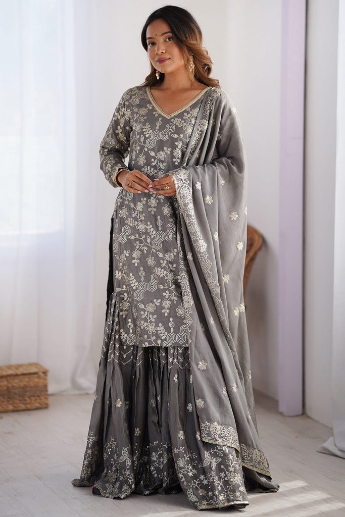 Delightful Grey Sequins Chinon Event Wear Sharara Suit With Dupatta