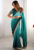 Winsome Teal Blue Border Work Chinon Party Wear Saree With Blouse