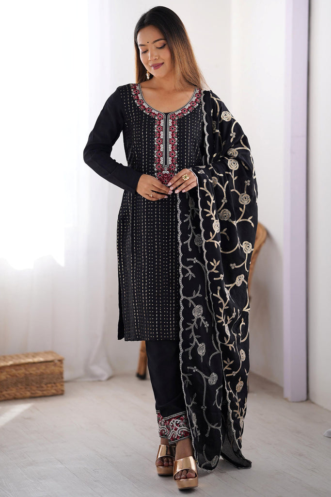 Mesmerizing Black Thread Embroidered Chinon Straight Suit With Dupatta